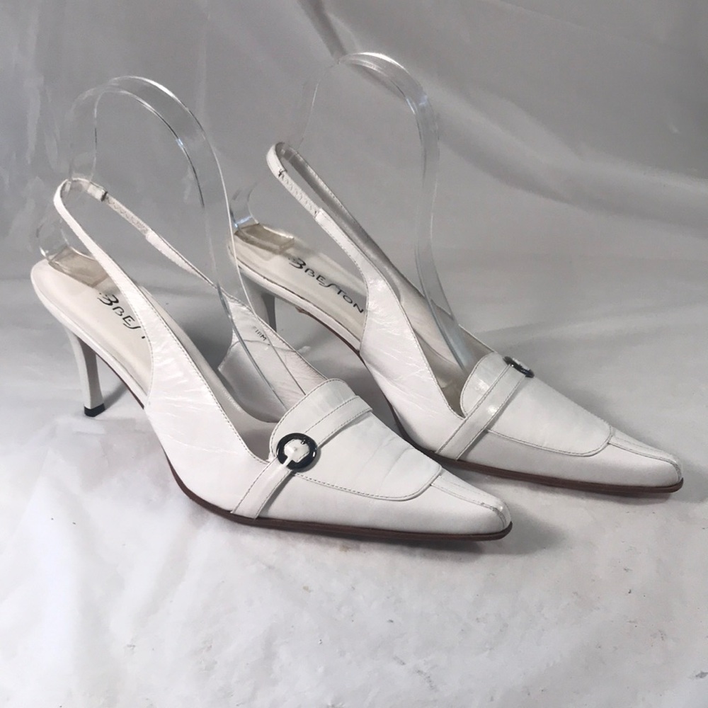 Beston Women’s White Italian Leather Sling back Pointy Toe Steam Punk Heels